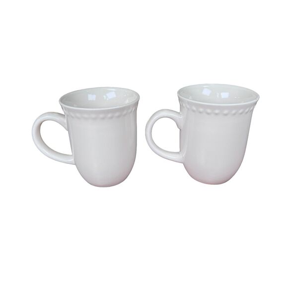 Coffee Mugs Set of 2 Unique Beaded Rim White Stoneware Cups 12 oz Casual Dining - Picture 3 of 6